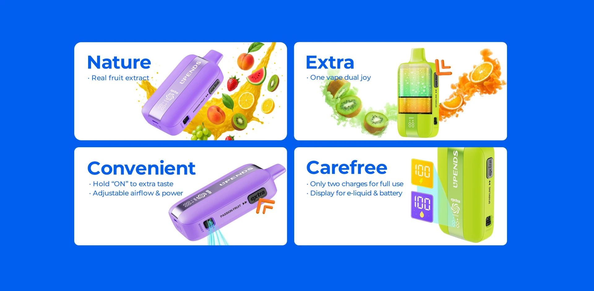 Naturalne ekstrakty, podwójny smak, ekran baterii i liquidu, regulacja przepływu/ mocy.