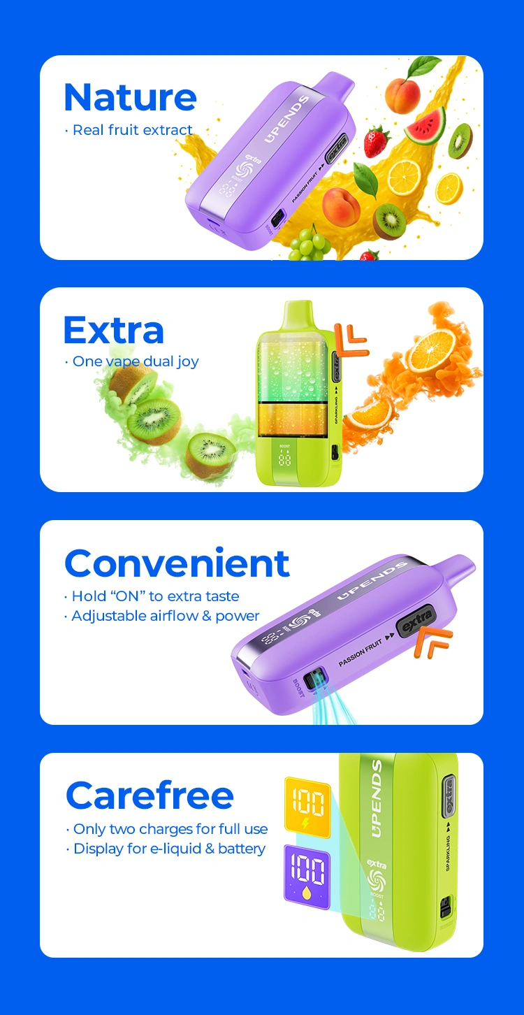 Naturalne ekstrakty, podwójny smak, ekran baterii i liquidu, regulacja przepływu/ mocy